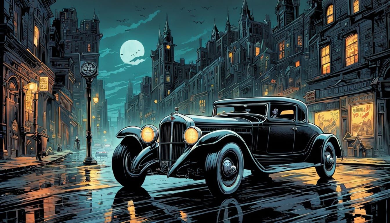 Vintage Vampire Car Races in Gothic Gotham, Comics Style