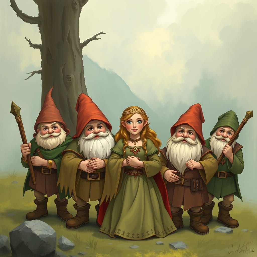 Dwarves as Gentle Garden Gnomes in Mythic Landscape