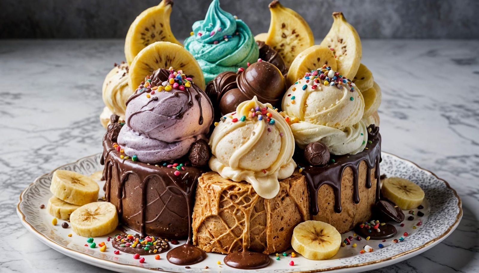 Ornate Ice Cream Dessert with Chocolate and Pastries