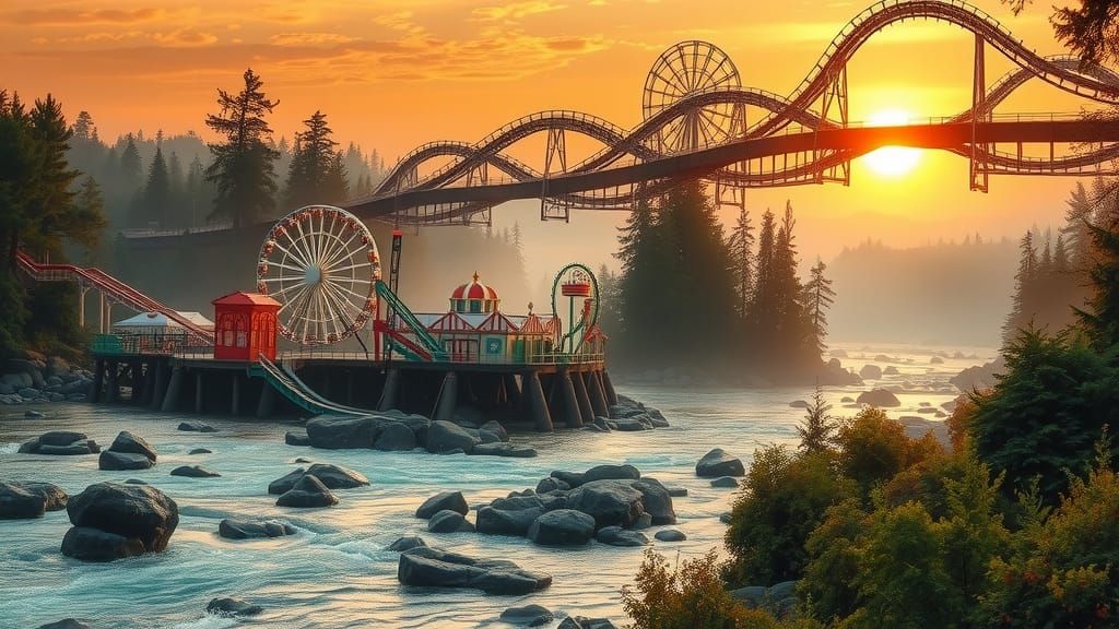 Surreal Amusement Park Over River Landscape