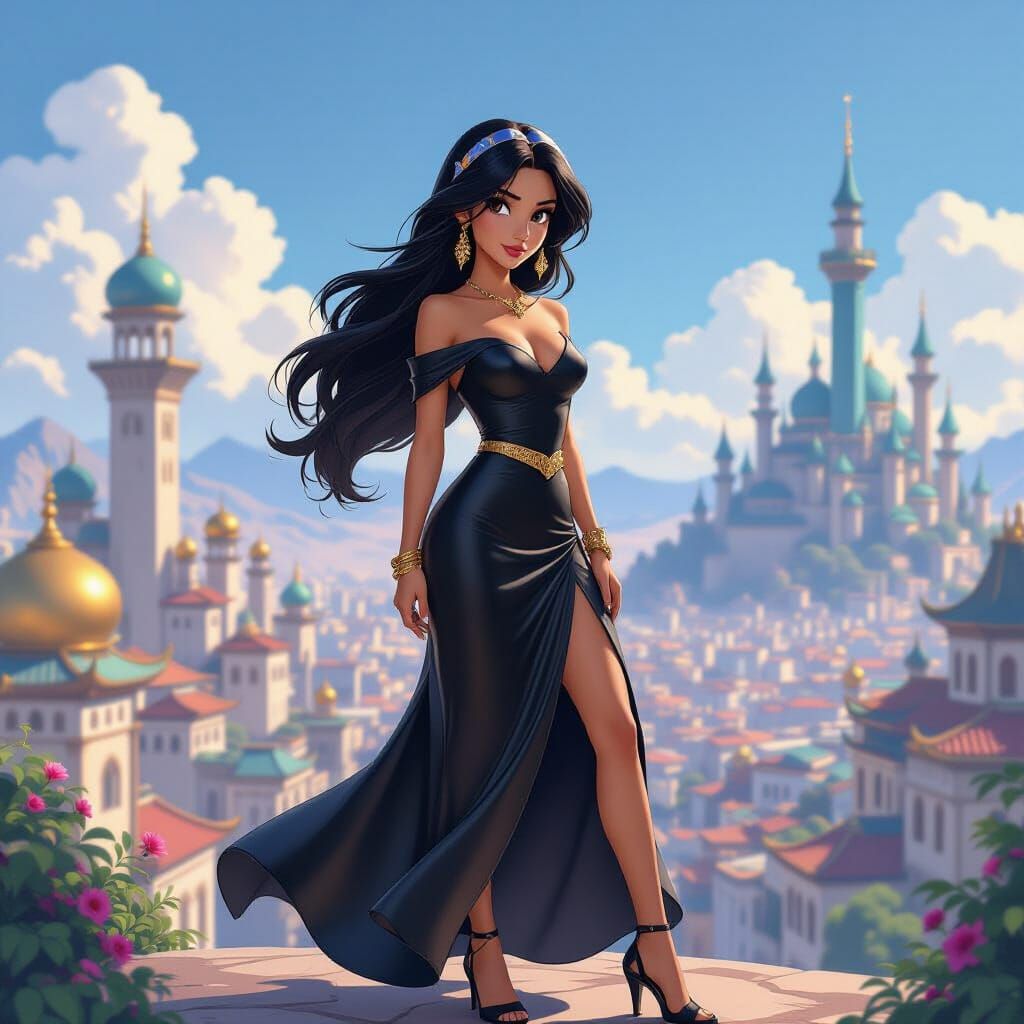 Jasmine in Leather Dress Amidst Ghibli Cityscape