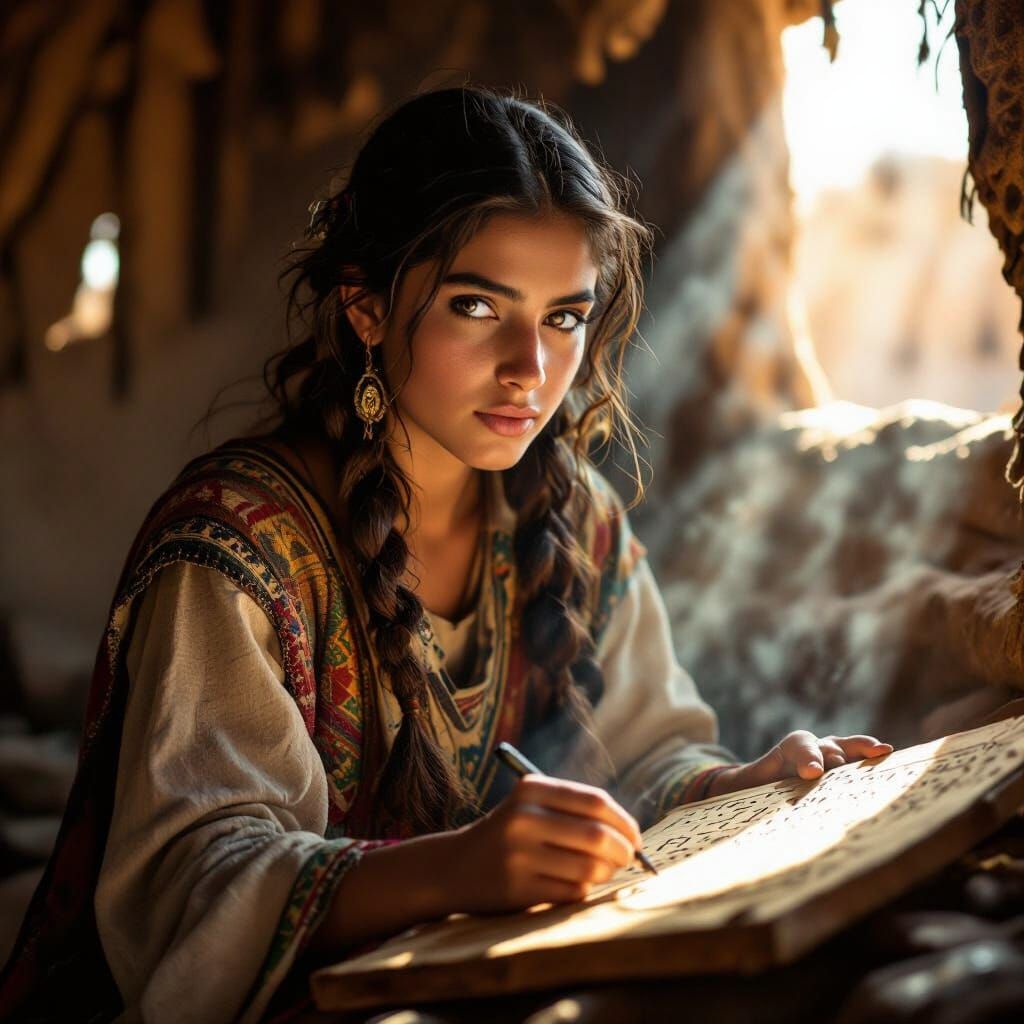 Young Dihya Studying Ancient Berber Scripts in Sunlight