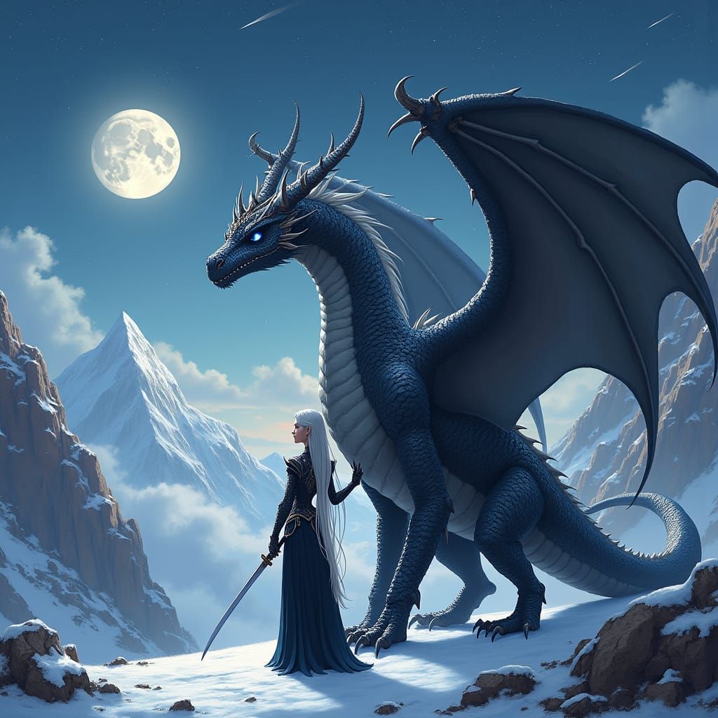 Majestic Dragon and Silver Elf Snowy Vista