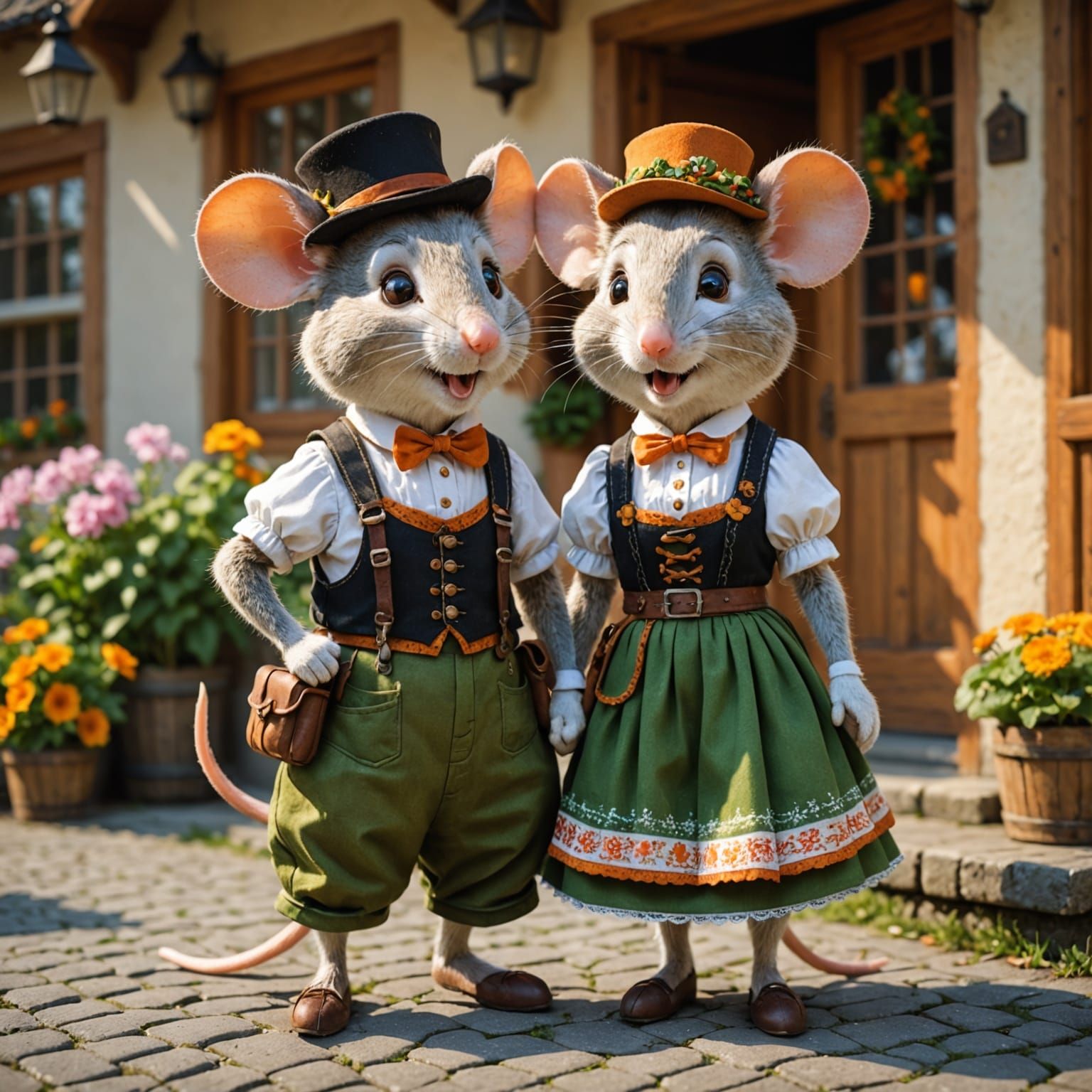 Bavarian Mice in Traditional Lederhosen and Dirndl