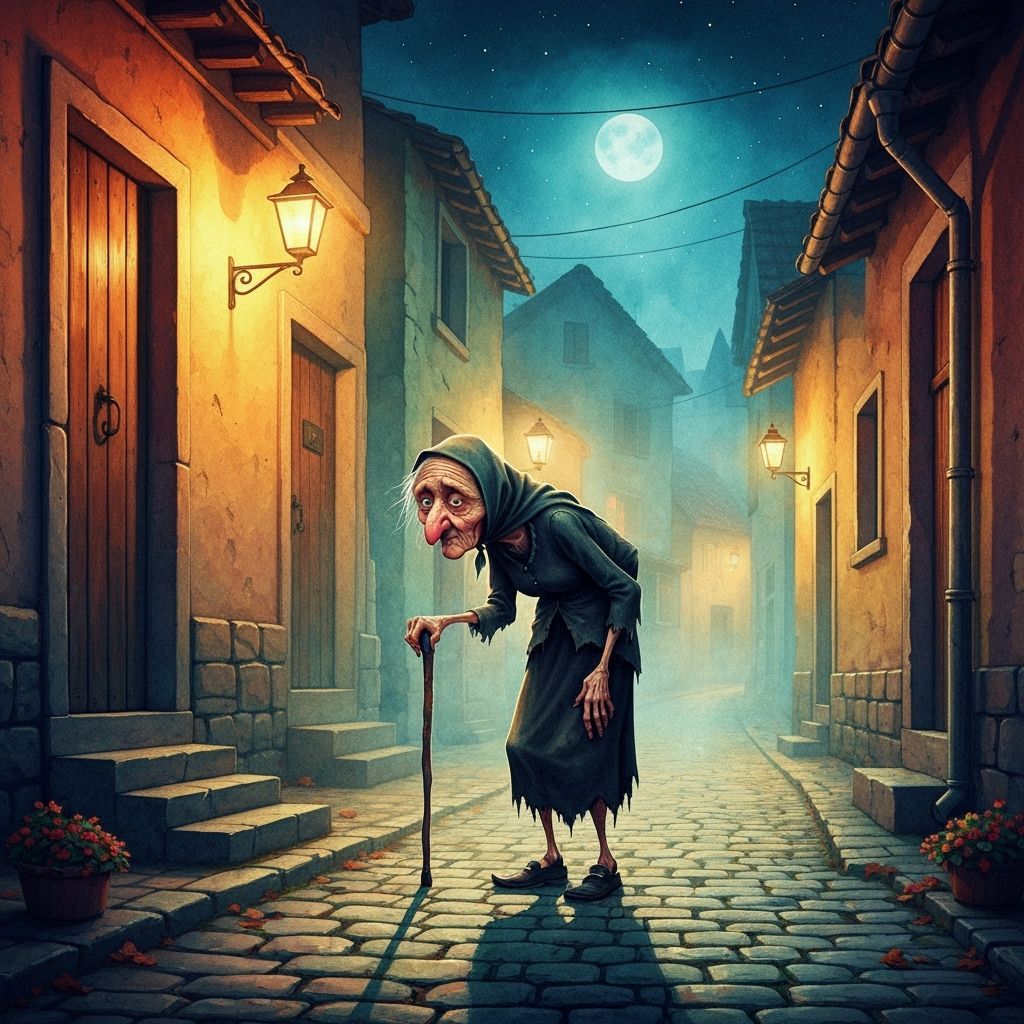 Colorful Post-Impressionist Painting of Old Woman in Village