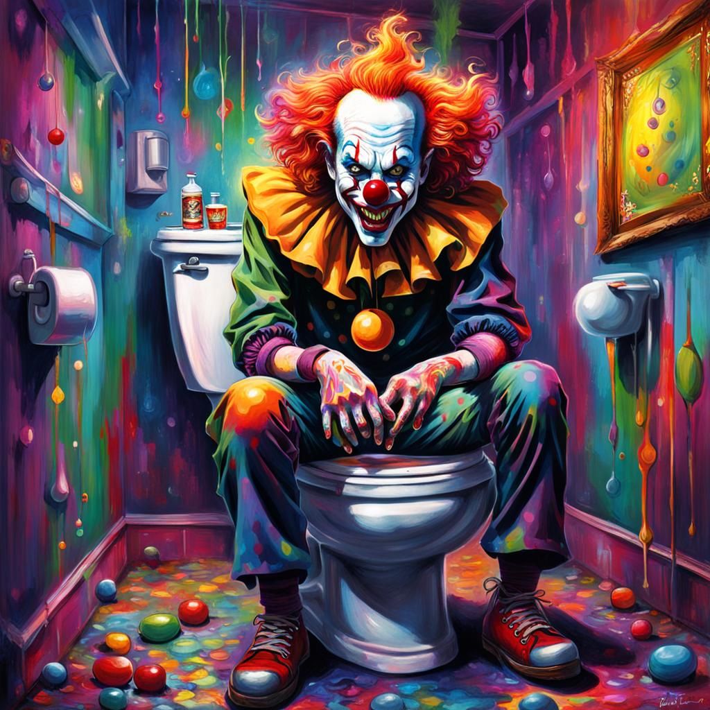 Angry Clown on Toilet in Psychedelic Art Style