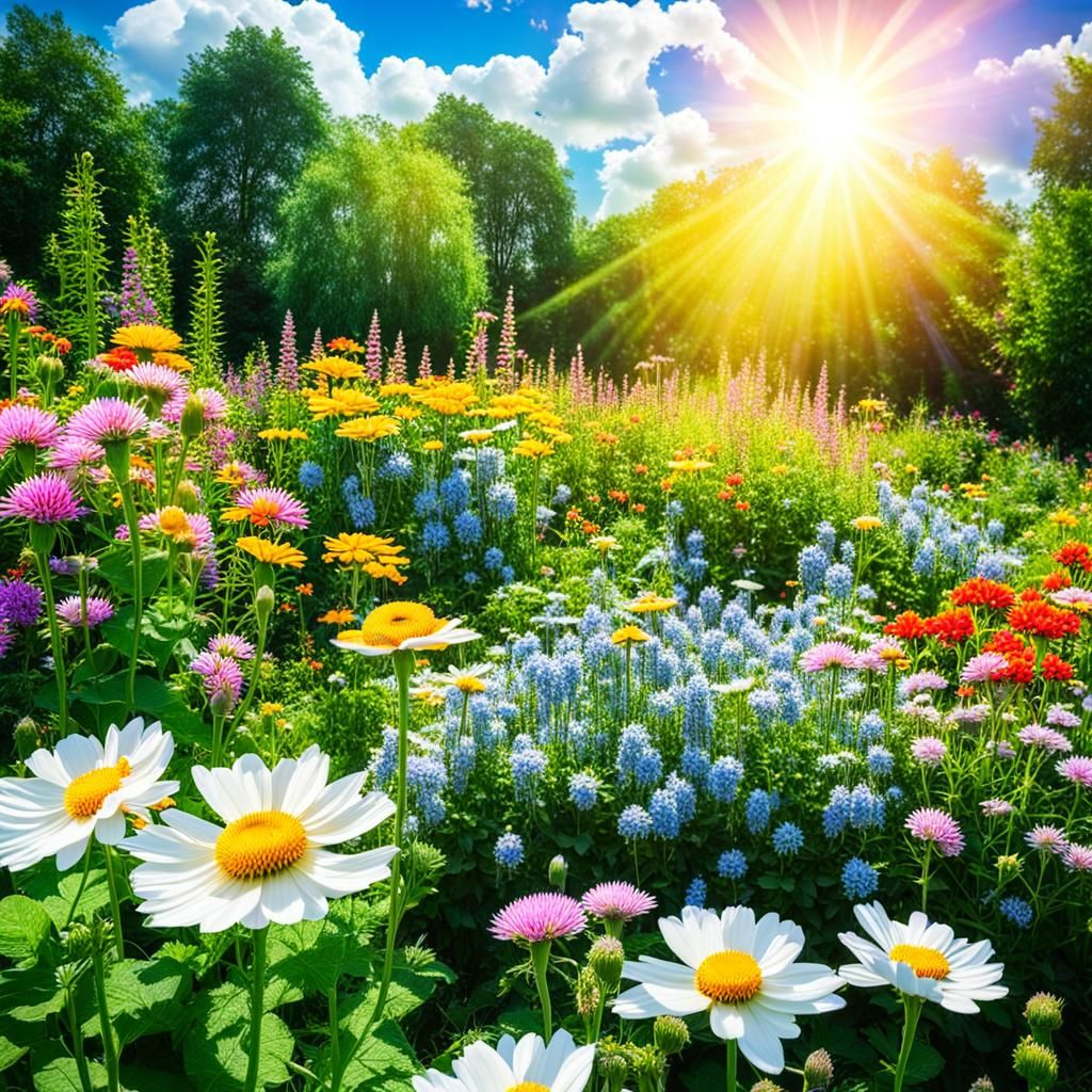 Bees in Flower Garden with Divine Light