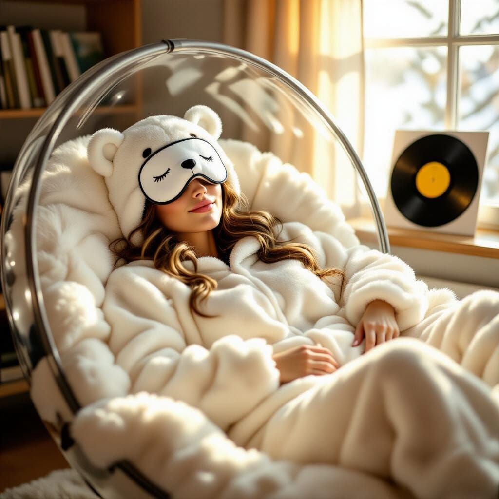 Woman Sleeping in Polar Bear Onesie in Cozy Bubble Chair