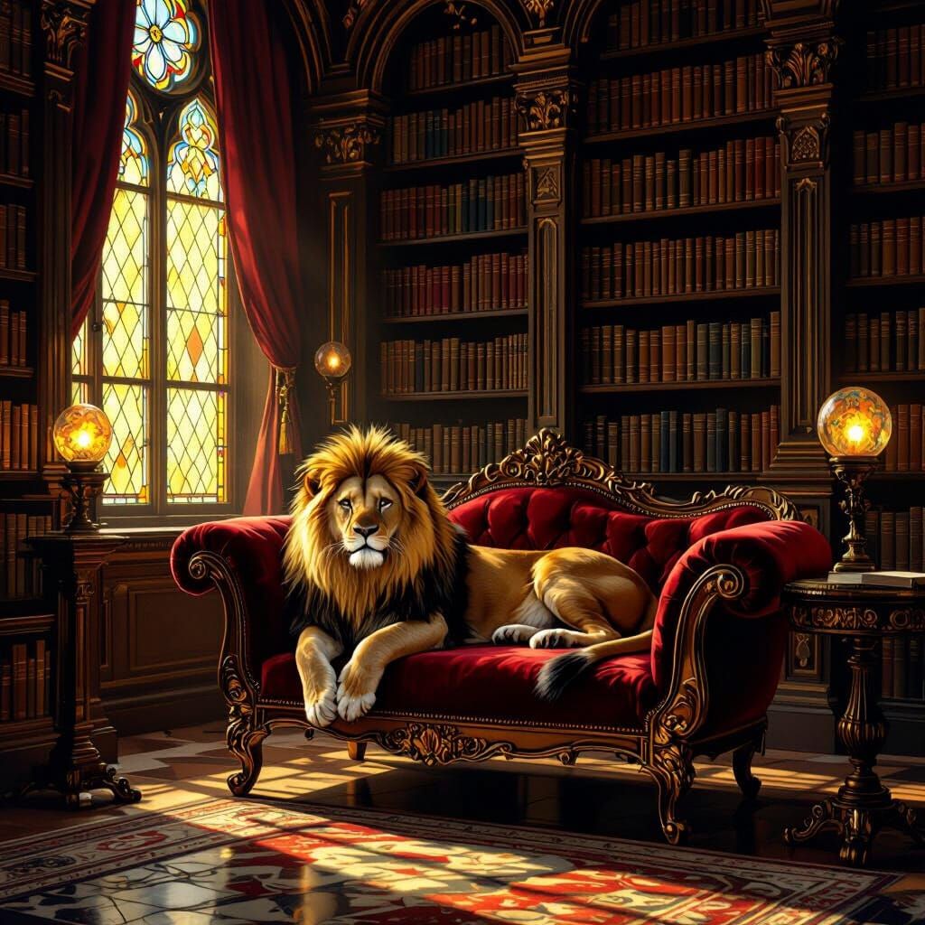 Lioness in Library, as Classic Oil Painting