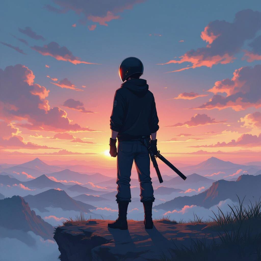 Anime Warrior on Cliff Edge with Katana, Kurosawa & Shinkai ...