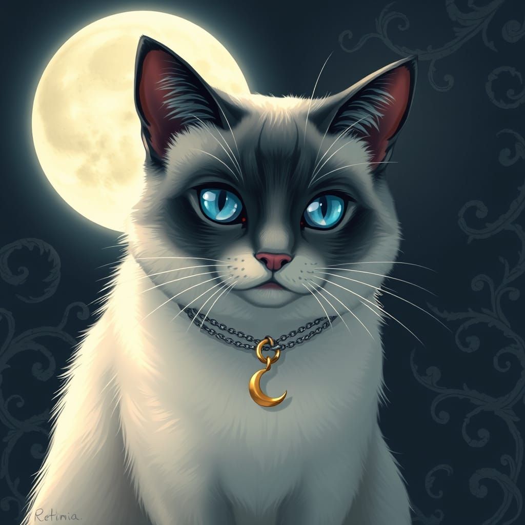 Whimsical Gothic Siamese Cat Under the Silver Moon