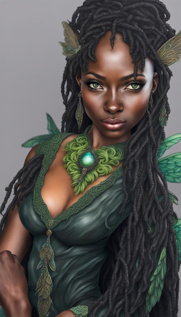 Intricate African American Goddess with Wolf and Fairy