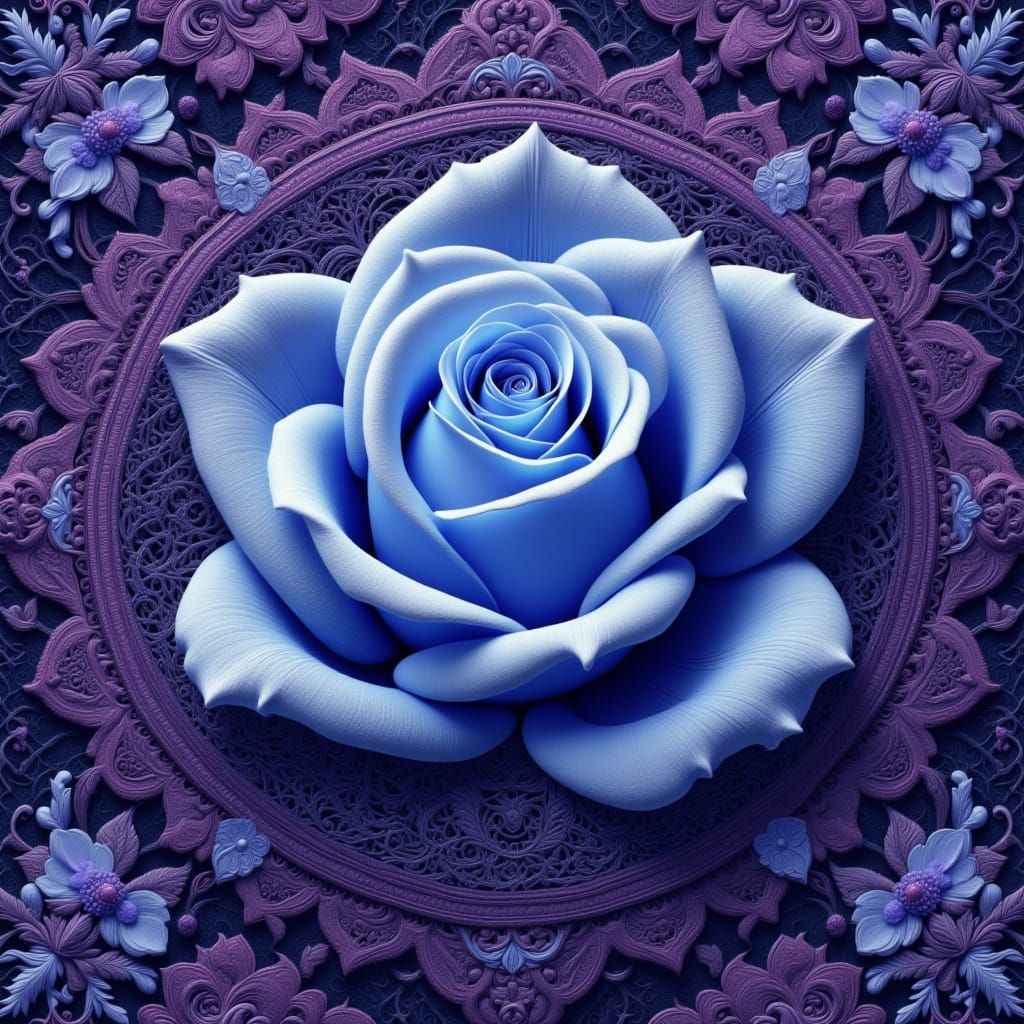 Blue Rose with Purple Lace in Art Nouveau Style