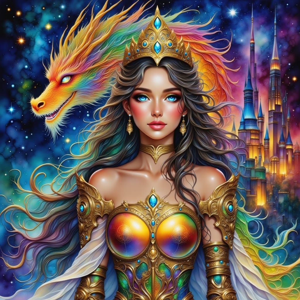Warrior Princess with Dragon in Alcohol Ink Style