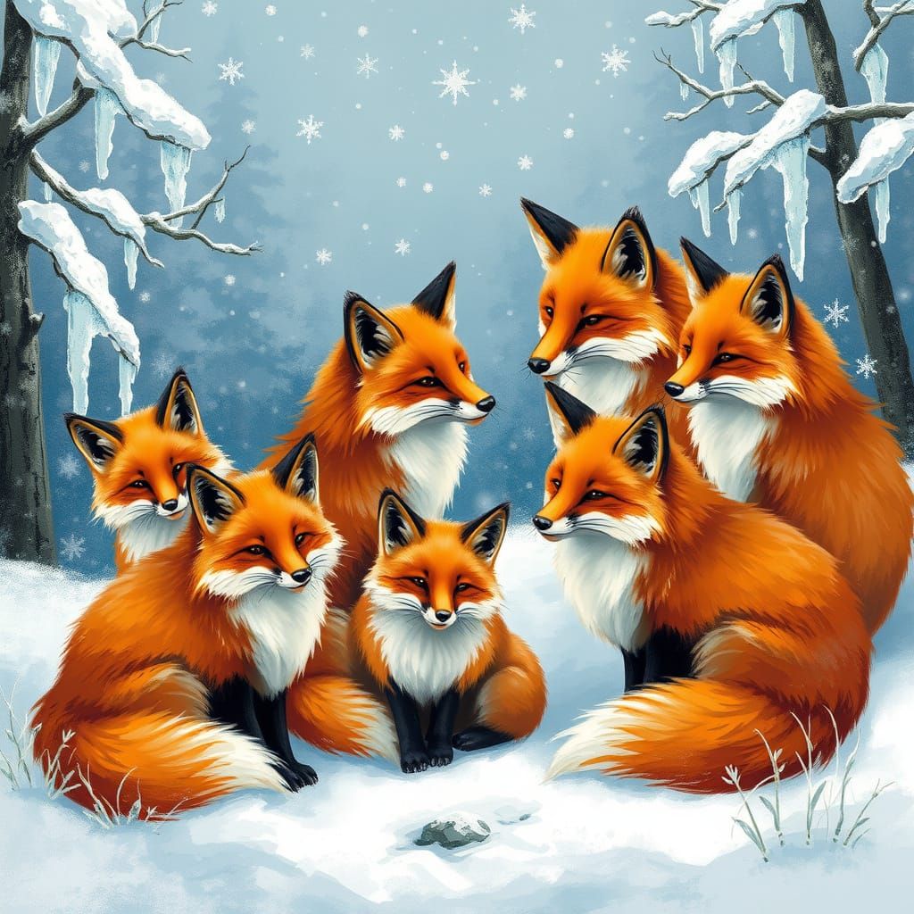 Whimsical Winter Foxes Gathered in Frosty Wonderland