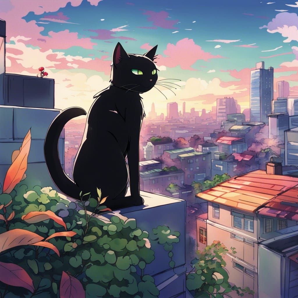 Colorful Anime Black Cat on City Rooftop
