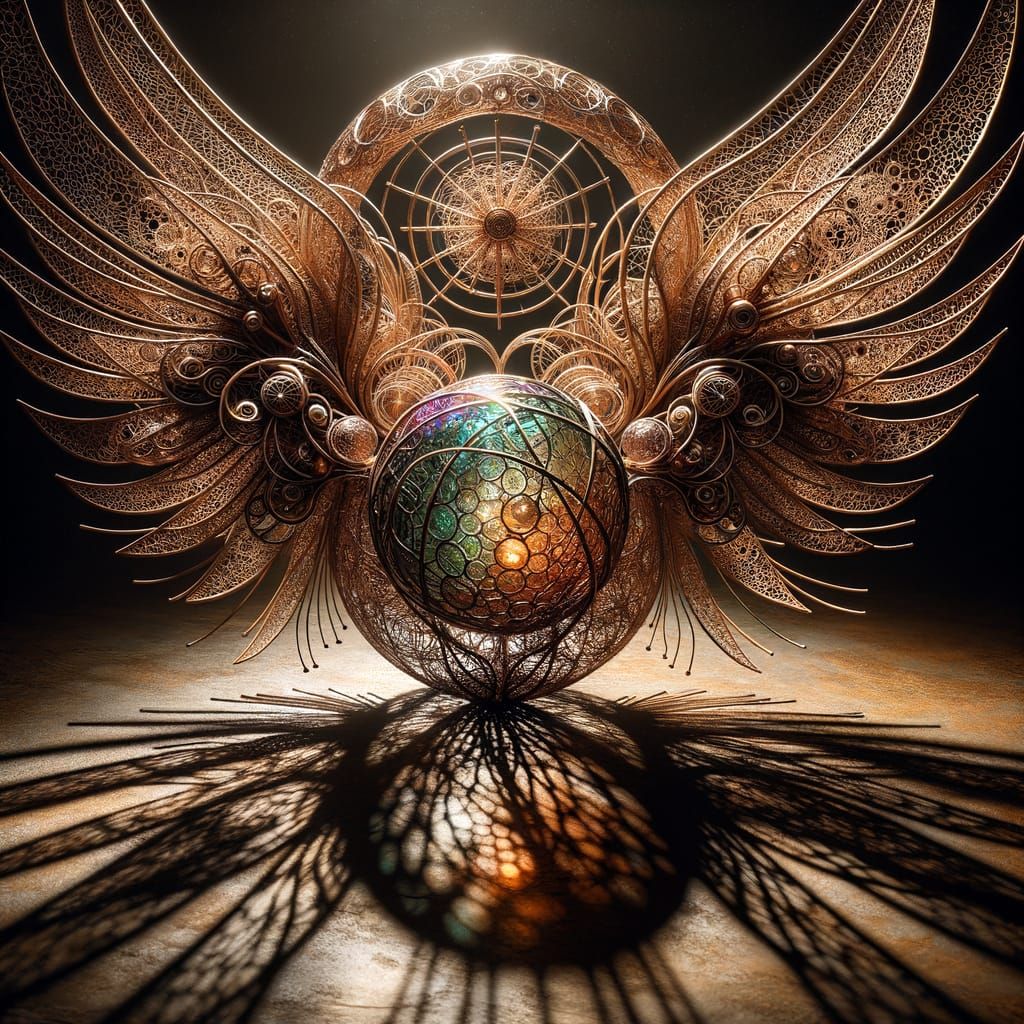 Rusted Lace Sculpture with Molten Glass Wings