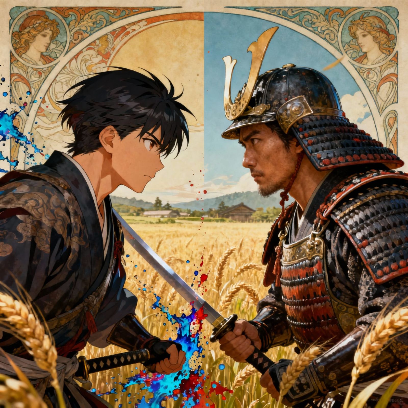 Samurai Standoff in Wheat Field, Blending Anime and Cinemati...
