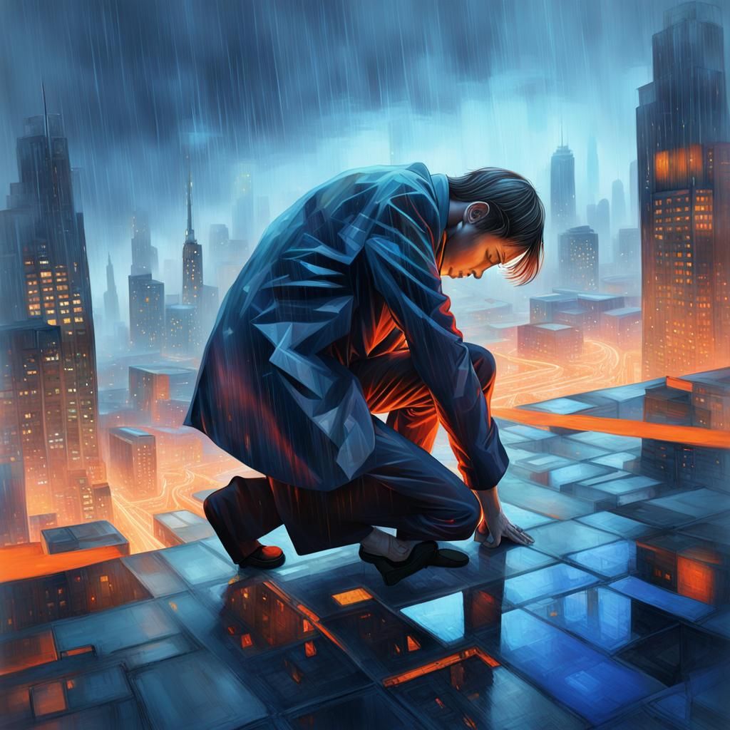 Surreal Lower Back Pain in Dreamlike Cityscape