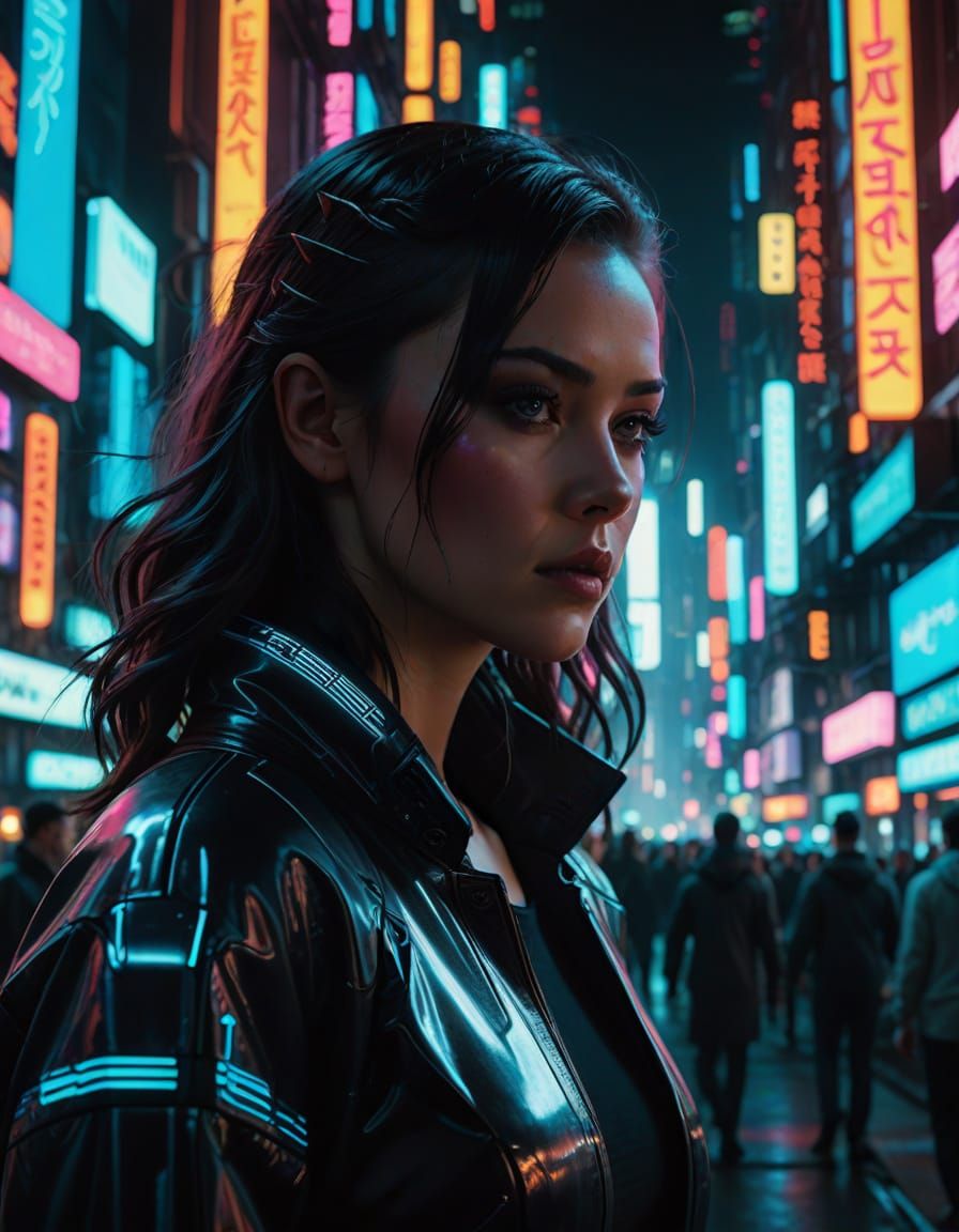 Futuristic Model in Neon Cityscape with Holographic Glitch E...