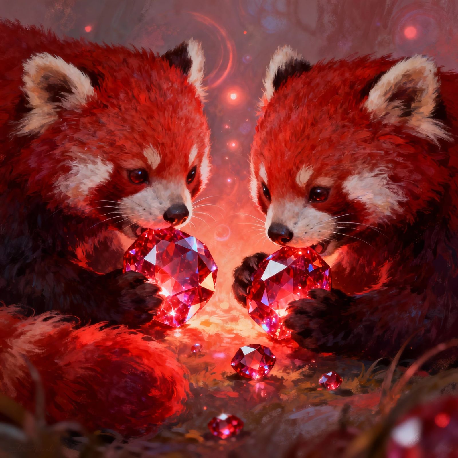 Red Pandas Eating Glowing Rubies in Fantasy Art Style