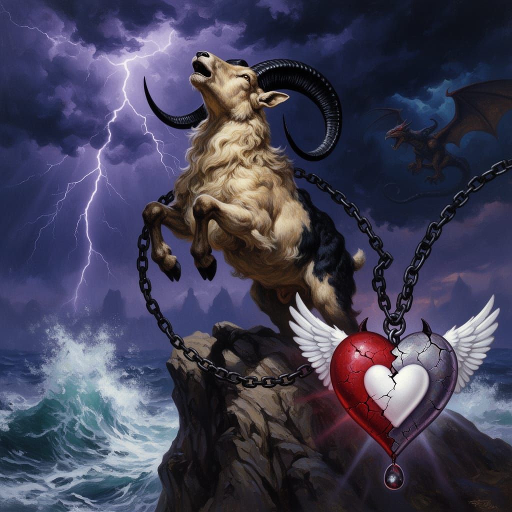 Mythic Ram Rears Up on Cliff Under Stormy Sky