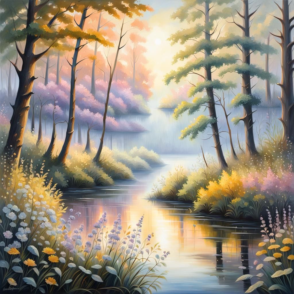Serene River at Dawn: An Oil Painting