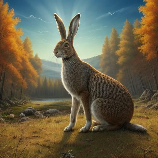 Hyperrealistic Hare in a Sunny Wilderness