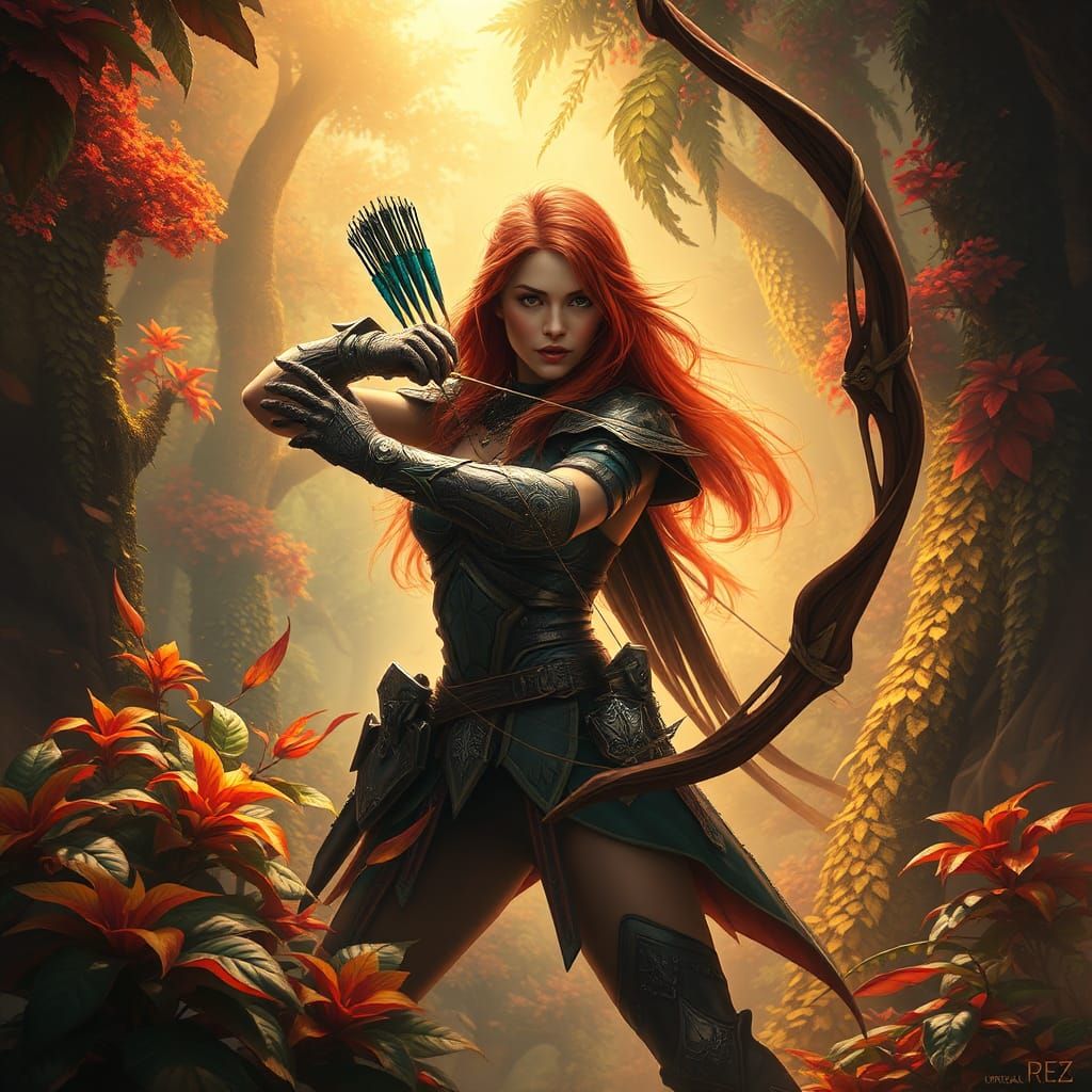 Red-Haired Archer in Mystical Forest, Digital Matte Painting