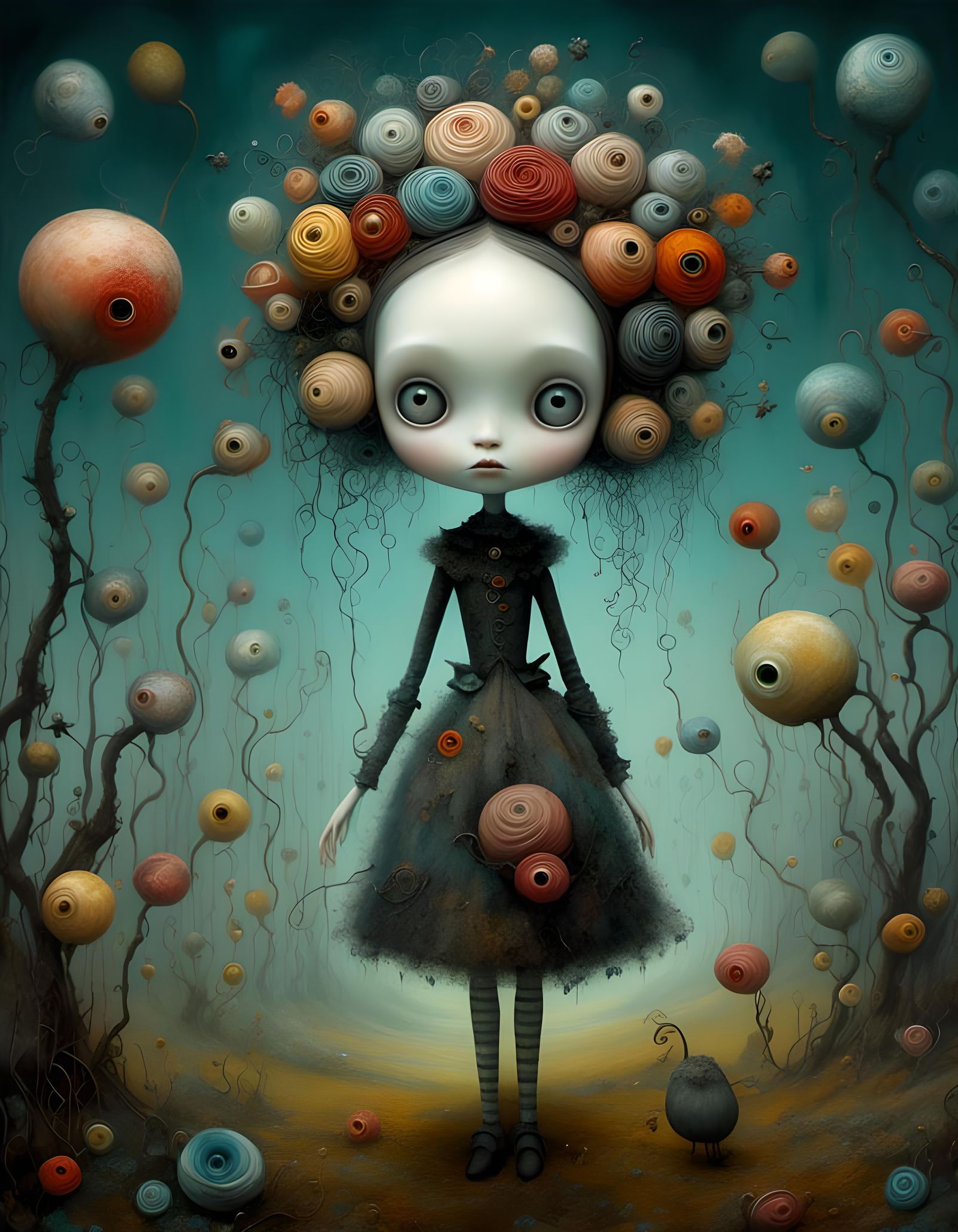 Macabre Landscape with Strange Creatures in Mosaic Style