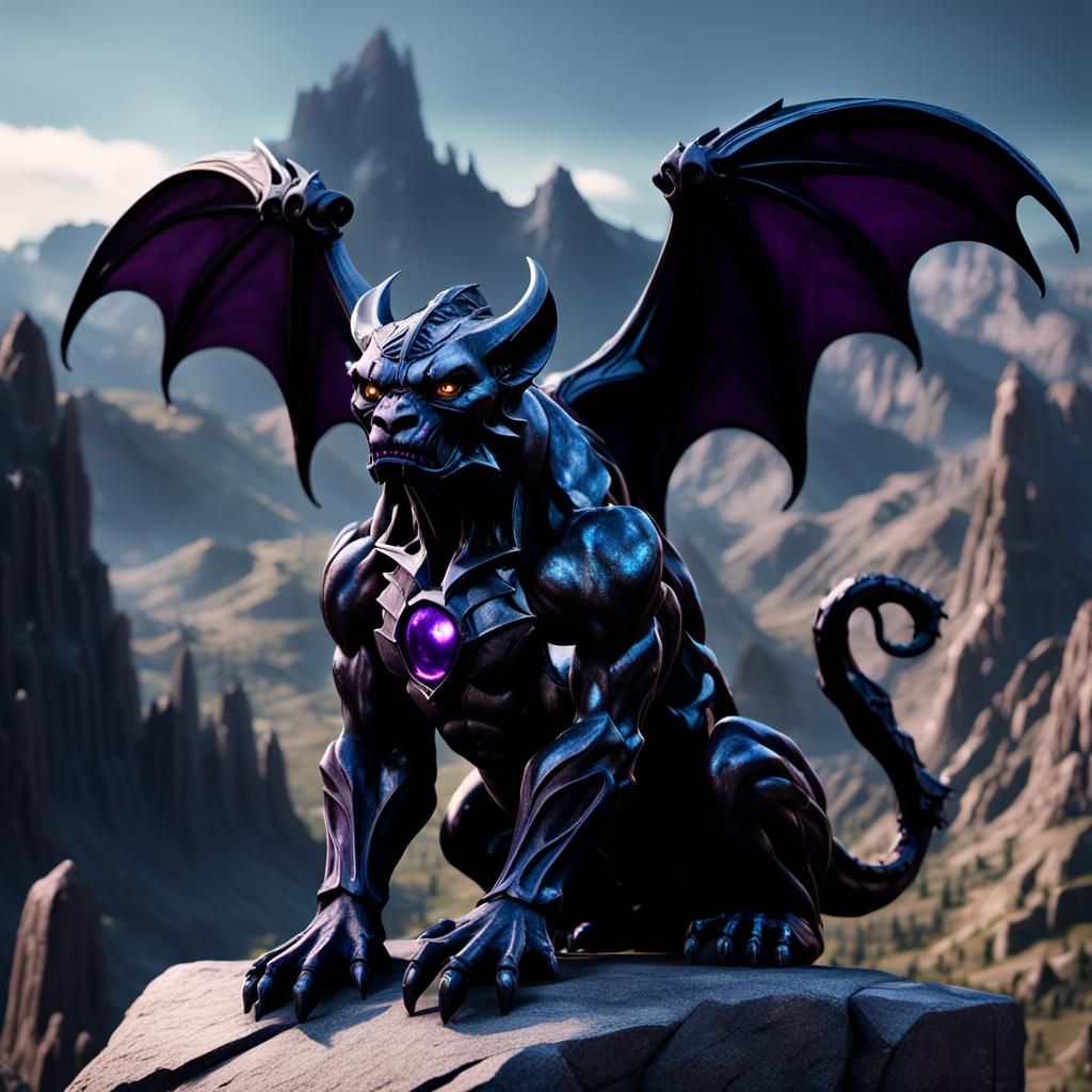 Cyberpunk-Style Obsidian Gargoyle in Moody Granite Landscape