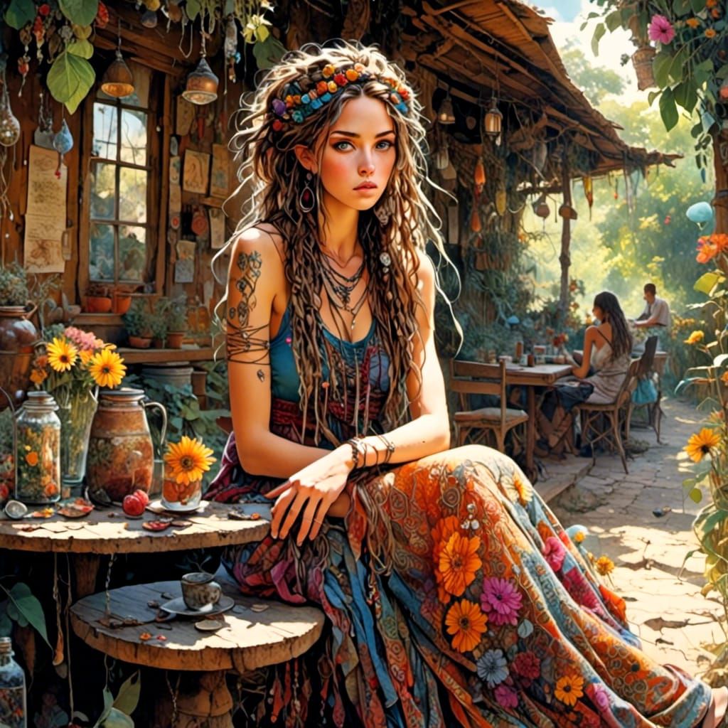 Boho Woman at Cafe in Vibrant Village