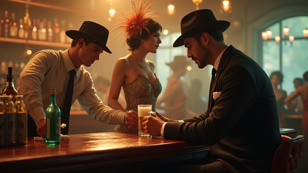 1920s Gangster at Bar with Flapper in Pastel Portrait