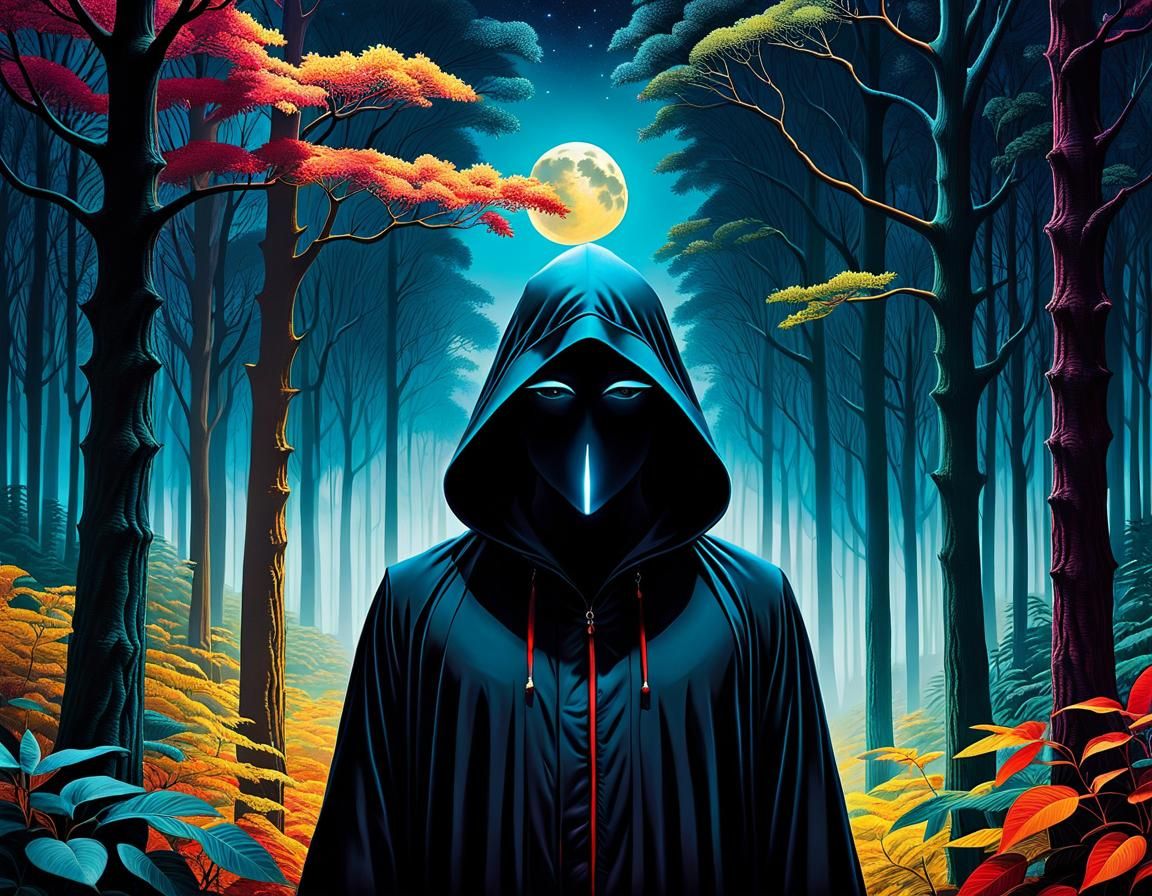 Hooded Figure in Moonlit Forest, Surreal Double Exposure