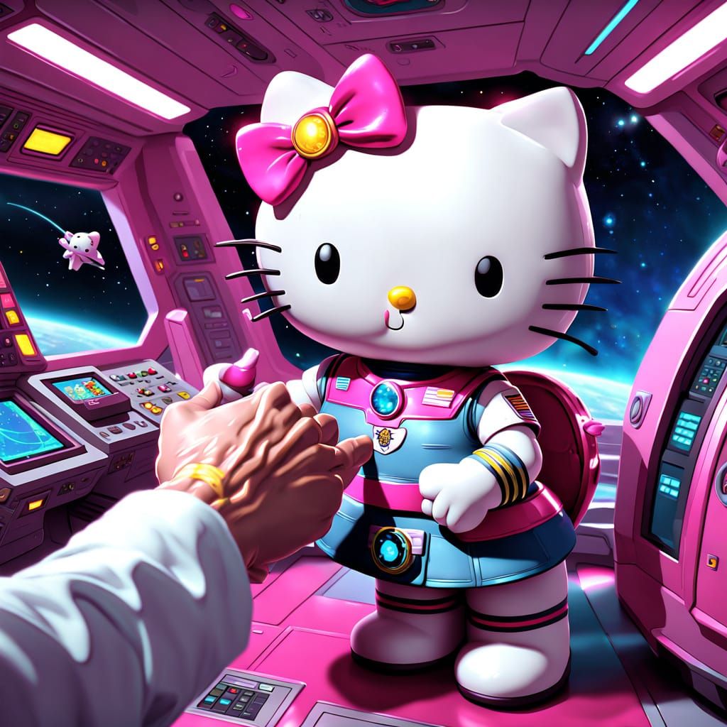 depict (hello kitty) on (spaceship enterprise) shaking hands with (captain kirk)