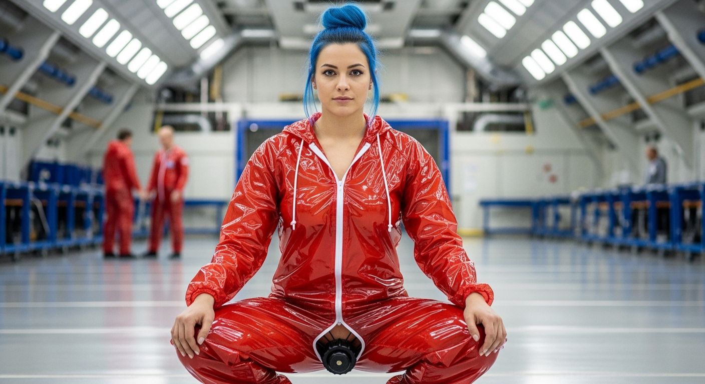 Woman in PVC Suit in Space Center