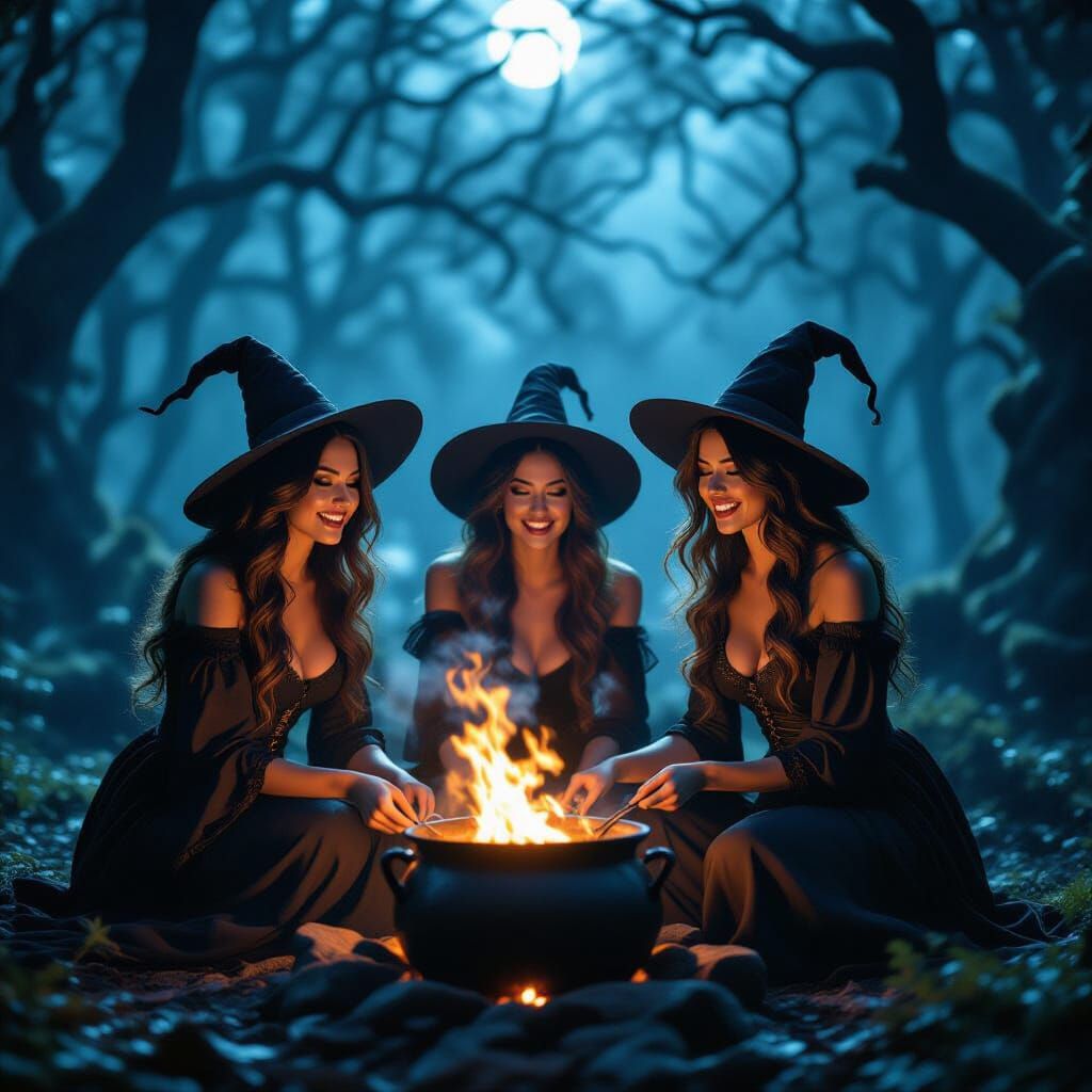 Beautiful Witches Dancing Around Cauldron in Haunted Forest
