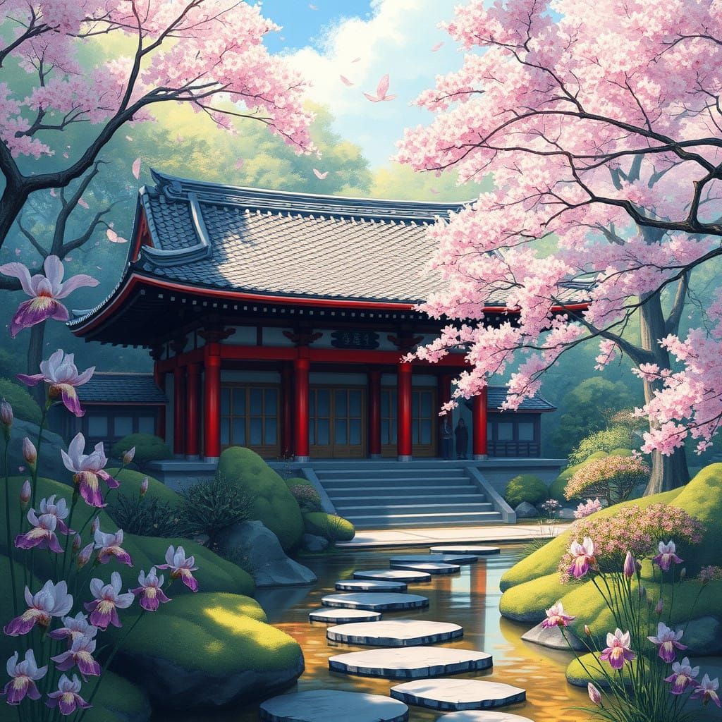 Serenely Majestic Japanese Shinto Temple in a Vibrant Garden