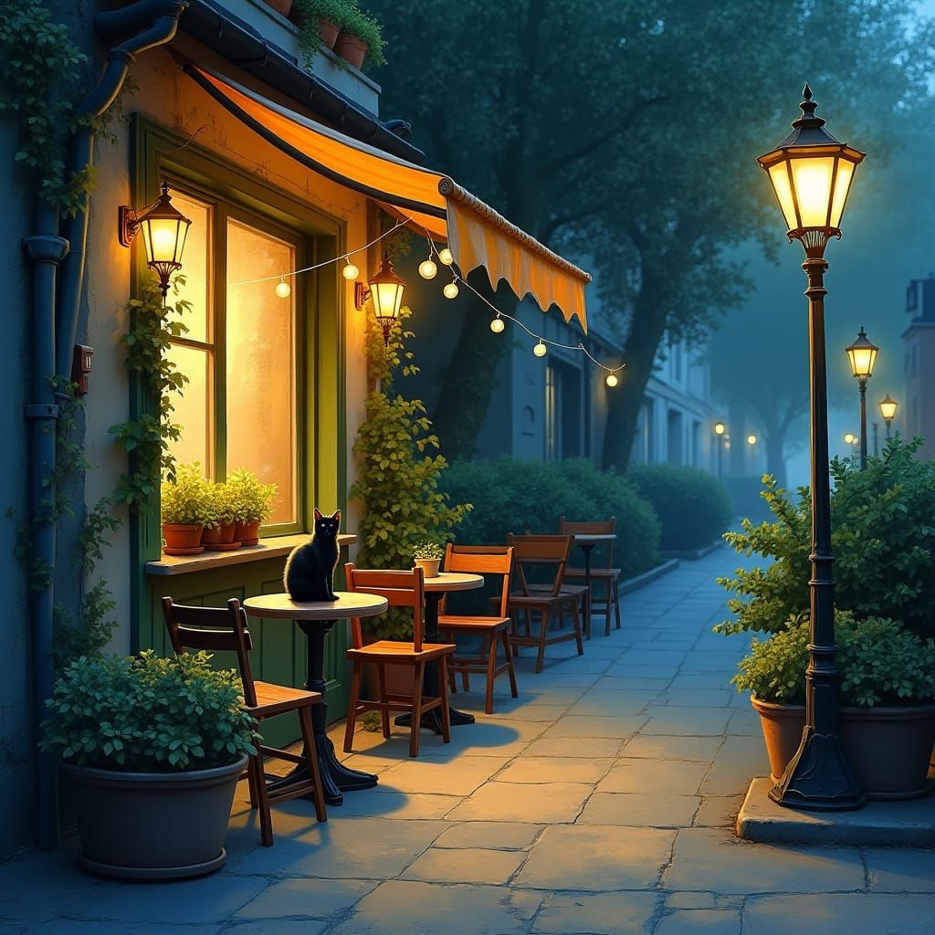 Black Cat at Dusk in Impressionist Cafe Scene