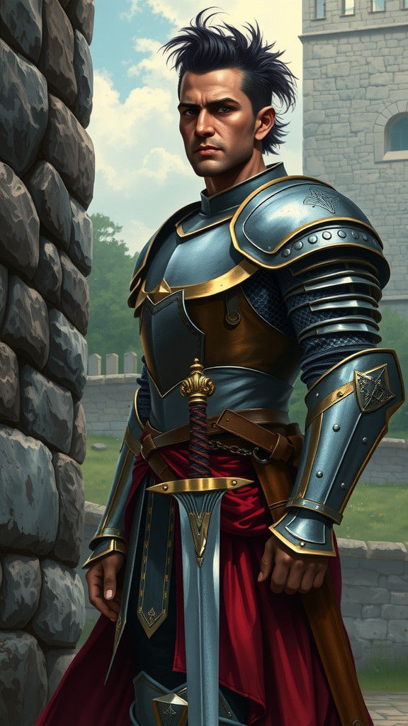 Medieval Knight in Plate Armor Beside Castle Wall