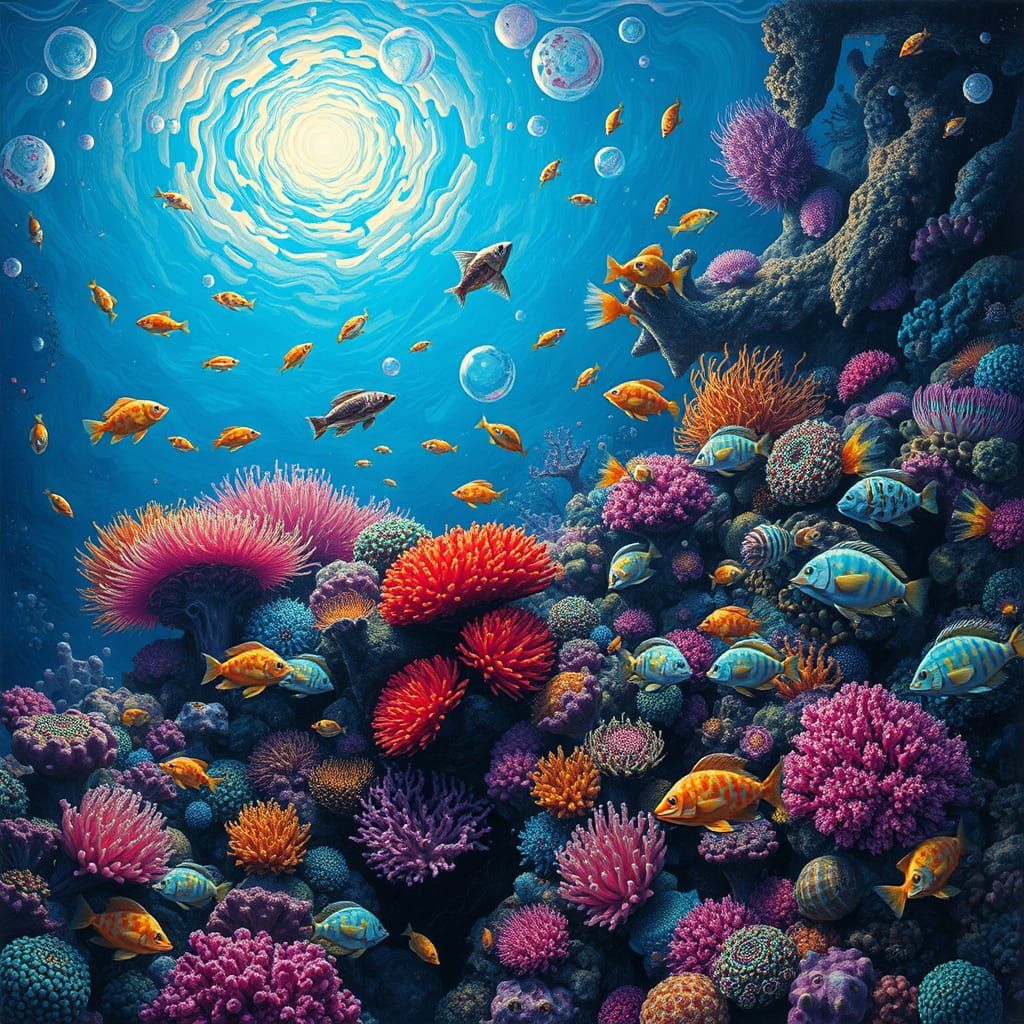 Psychedelic Coral Reef with Bioluminescent Fish