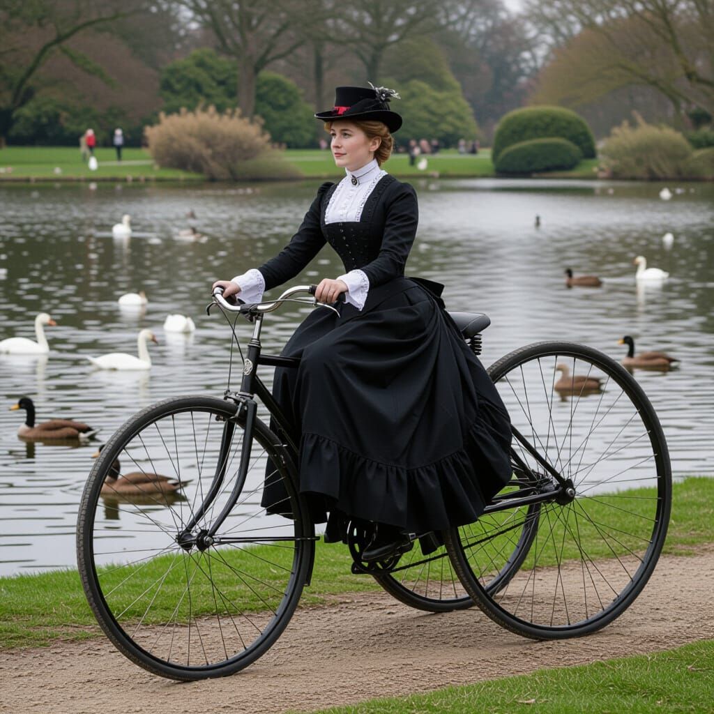 Victorian Lady Cycling Black and White Scene
