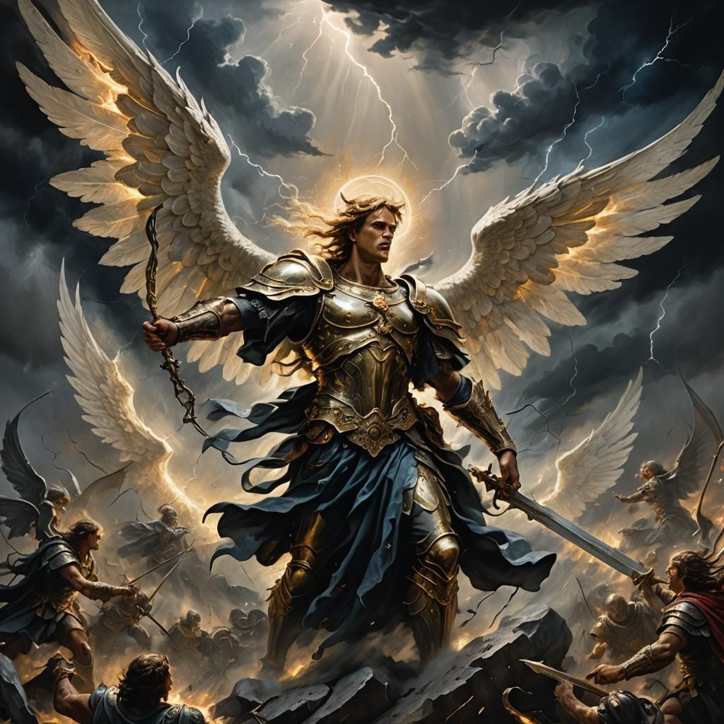Epic Angel Commands Battlefield in Oil Painting