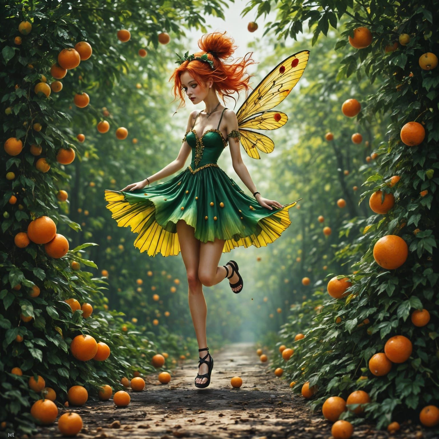 Vibrant Blood Orange Fairy in a Neo-Impressionist Landscape