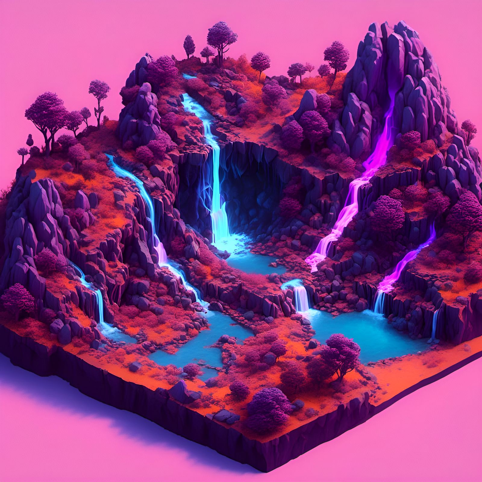 Isometric Alien Landscape with Purple Plants