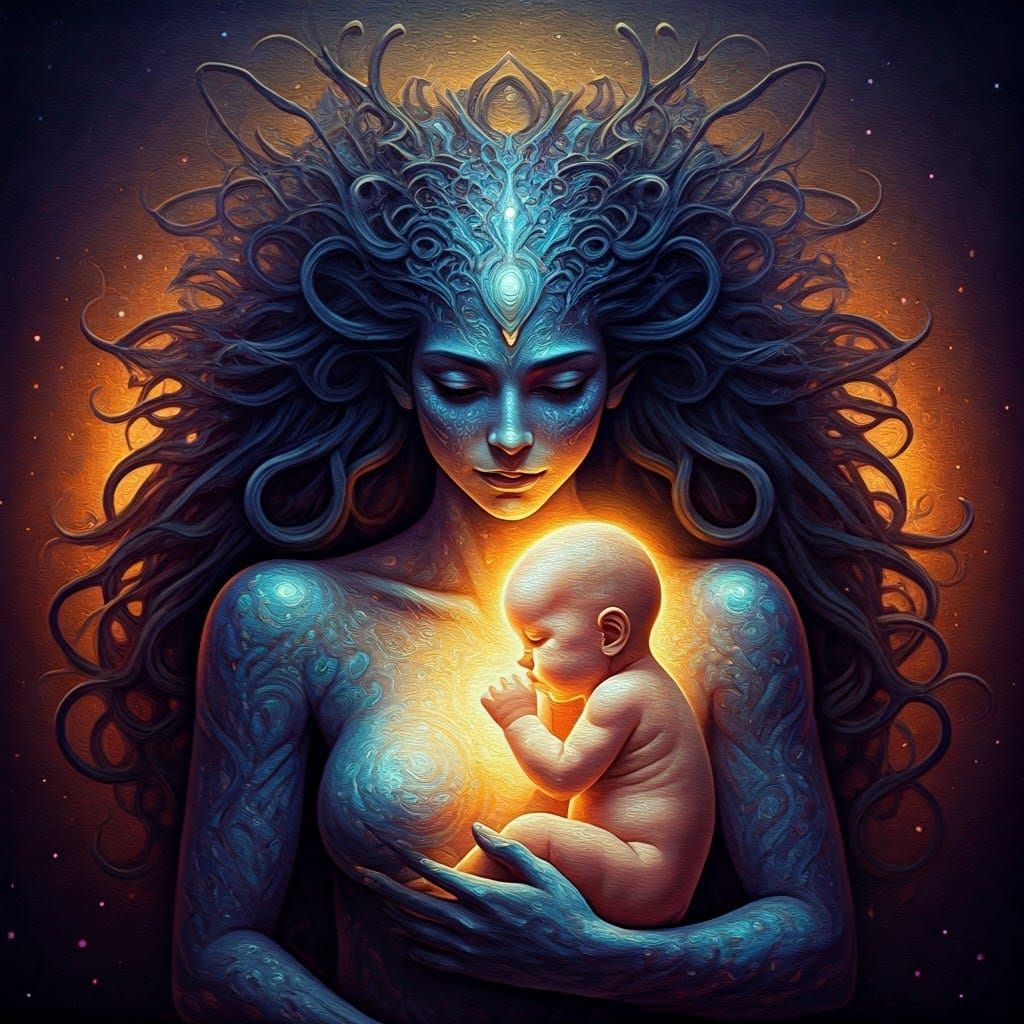 Cosmic Goddess Gaia Lovingly Holds Glowing Baby in Vibrant O...