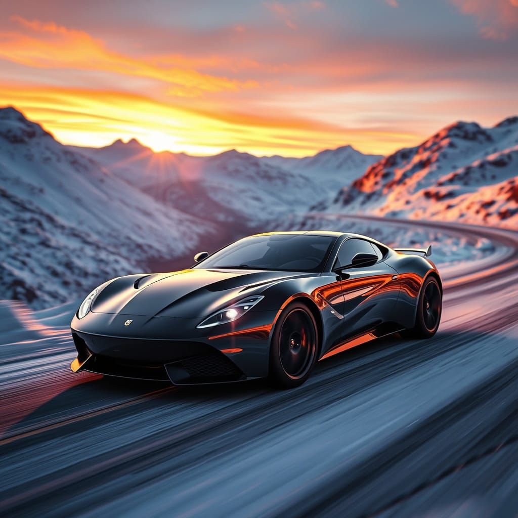 Sleek Sports Car Speeds Through Frosted Mountain Landscape i...
