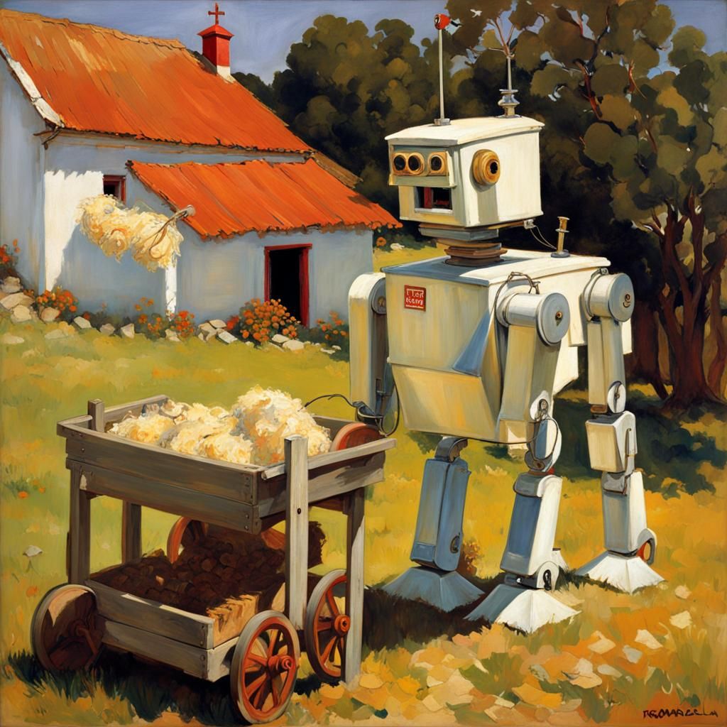 Robotic Farmhand in Spanish Countryside, Pastoral Scene