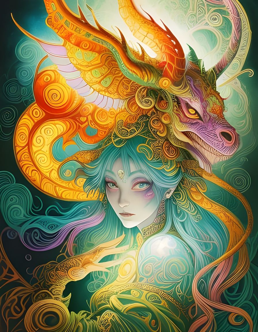 Psychedelic Demon Portrait in Ornate Line Art Style