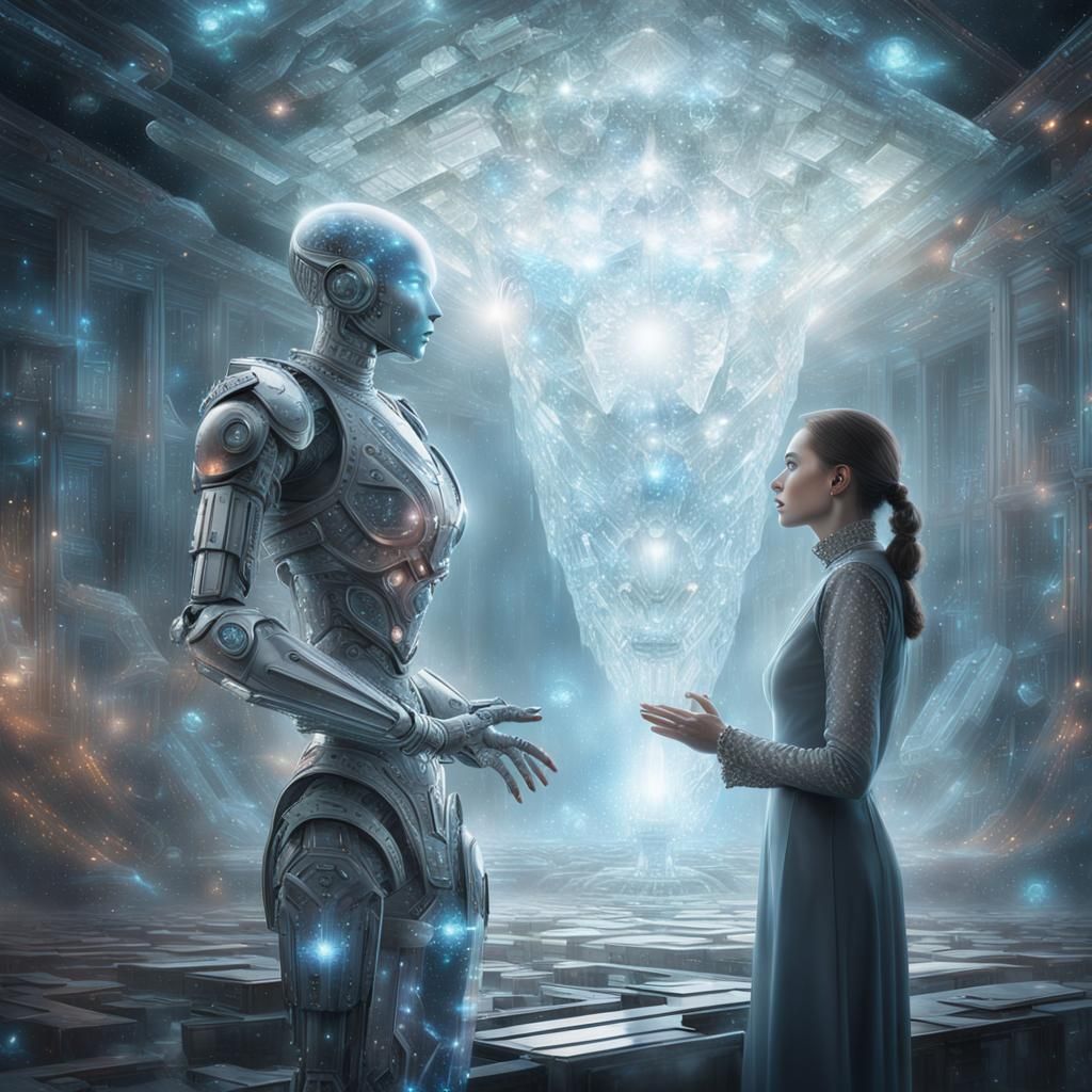 Crystalline Woman Communicates with Robot in Spaceship